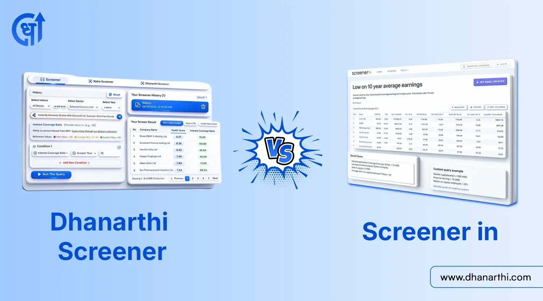 Dhanarthi Screener vs Screener.in - Best Stock Screener 2026